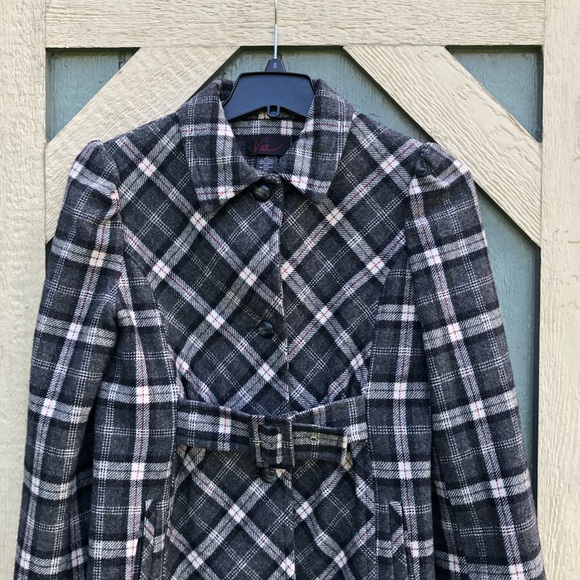 Grey plaid white and red coat 6 feminine belted - Picture 6 of 11